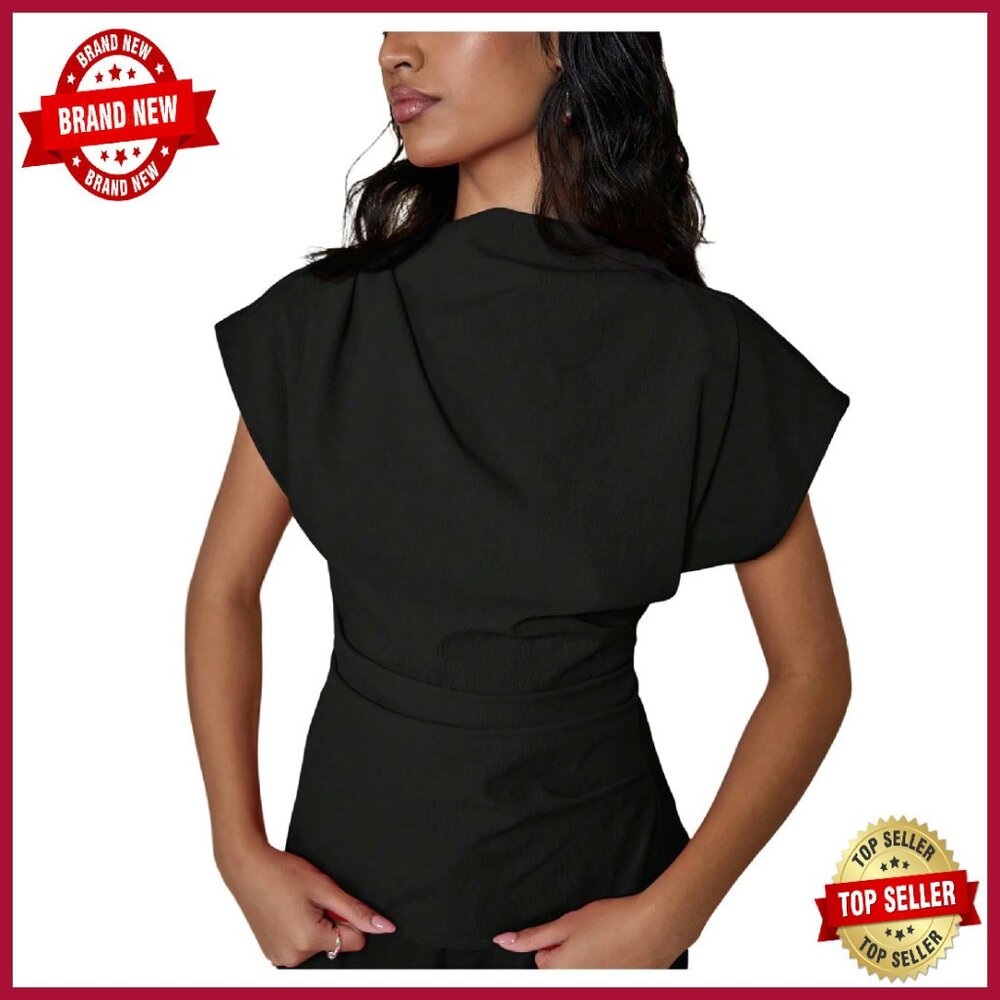 Short Dolman Sleeve Mock Neck Ruched Tee - Casual Stretch Top